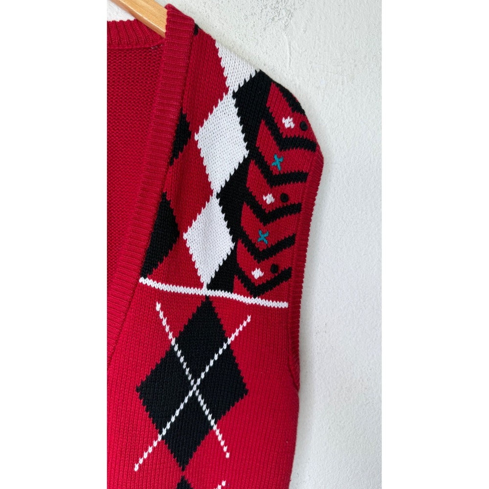 Vintage Koret Sweater Vest Women L Red Cottagecore Argyle Novelty Knit Button - Picture 10 of 14